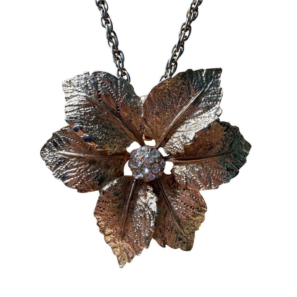 Judy Lee Gold Tone Rhinestone Floral Brooch Pendant Necklace Vintage Mid Century
